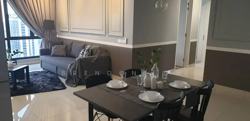 Living features: grey fabric sofa, black coffee table, area rug with geometric pattern, floor-to-ceiling windows, curtains in beige, wall-mounted TV, decorative plants in ceramic pots, recessed downlights, light-colored walls with accent paneling, polished tile flooring; style: modern; view: city. Dining features: 4-seater dining table in black, black dining chairs, table setting with plates and glasses, decorative vase, table runner, neutral wall color, open layout to living area; style: modern.