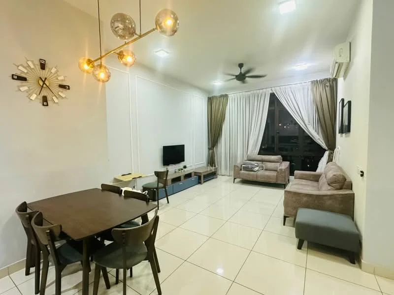 Living features: white painted walls, glossy tile flooring, 5-blade ceiling fan with light, sofa in light brown fabric, armchair in light brown fabric, coffee table, TV console, wall-mounted TV, curtains in light brown, decorative wall clock, dining table for 6, dining chairs in dark wood; style: modern; view: city.