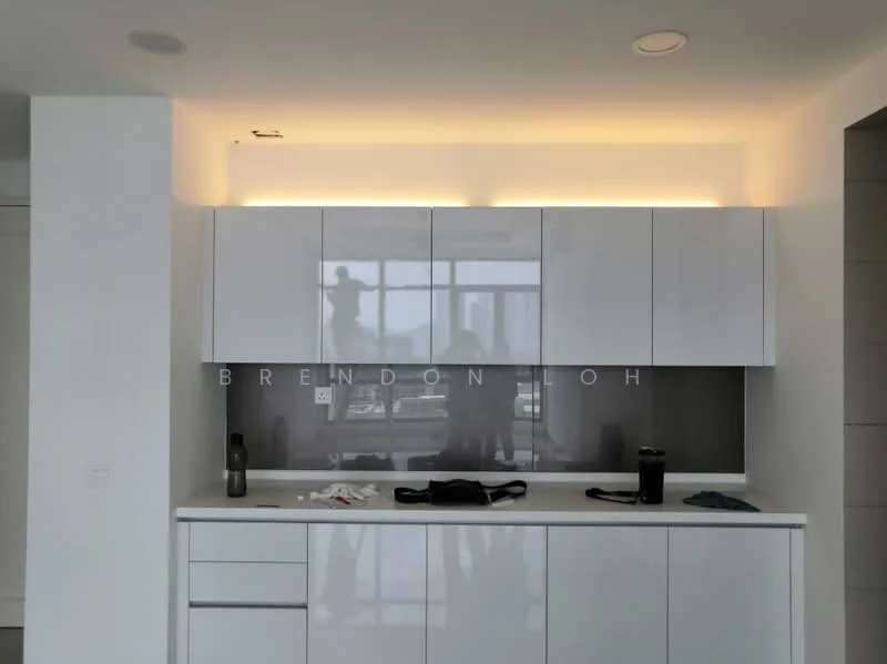 Kitchen features: white high-gloss cabinetry, under-cabinet lighting, grey glass backsplash, countertop with integrated sink, built-in appliances, open shelving, modern faucet, kitchen island, floor-to-ceiling windows, neutral wall colour, recessed ceiling lights; style: modern; view: city.