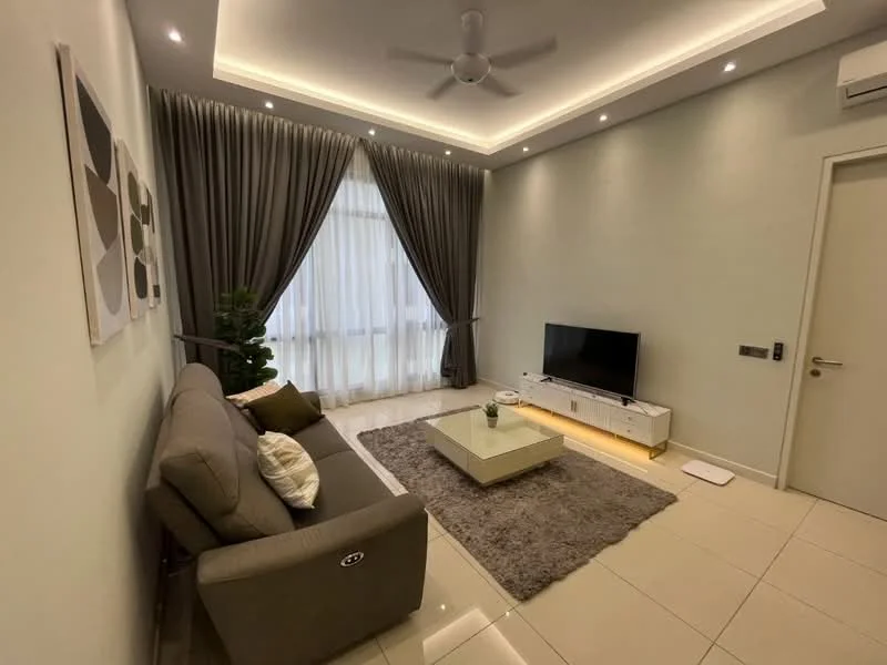 Living features: 3-seater fabric sofa in grey, coffee table, wall-mounted TV, TV console, area rug with geometric pattern, floor-to-ceiling windows with sheer curtains, recessed downlights, ceiling fan, decorative plant, light grey painted walls, cream tiled flooring, crown moulding; style: modern.