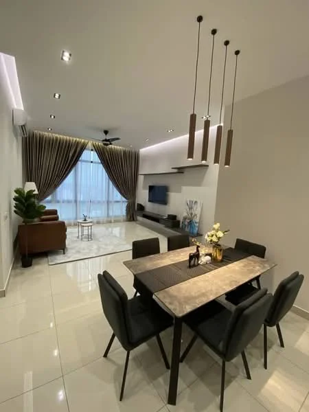 Dining features: 6-seater dining table with black tabletop, black upholstered dining chairs, pendant lighting with three hanging fixtures, white walls, polished ceramic tile flooring, large window with sheer curtains, decorative plant in ceramic pot, wall-mounted TV, sofa in brown leather, coffee table, recessed ceiling lights, light grey accent wall; style: modern.