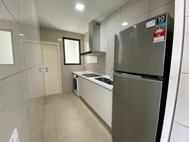 Kitchen features: white cabinetry, stainless-steel fridge, built-in oven, stainless-steel range hood, single-bowl stainless-steel sink, chrome pull-down faucet, ceramic tile flooring, grey tiled walls, window for natural light, washing machine, countertop with space for appliances, recessed LED downlights; style: modern.