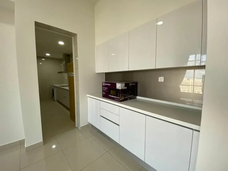 Kitchen features: white glossy cabinetry, laminate countertop, stainless-steel sink, built-in microwave, ceramic tile flooring, recessed downlights, wall-mounted cabinets, grey backsplash; style: modern. Room features: white walls, doorway leading to laundry area.