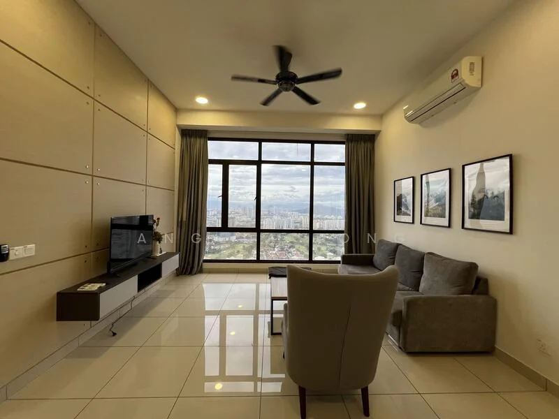Living features: floor-to-ceiling windows, grey fabric sofa, single armchair, wall-mounted TV, TV console, recessed downlights, 5-blade ceiling fan, cream painted walls, glossy tile flooring, decorative wall panels, curtains, framed artwork; style: modern; view: city.