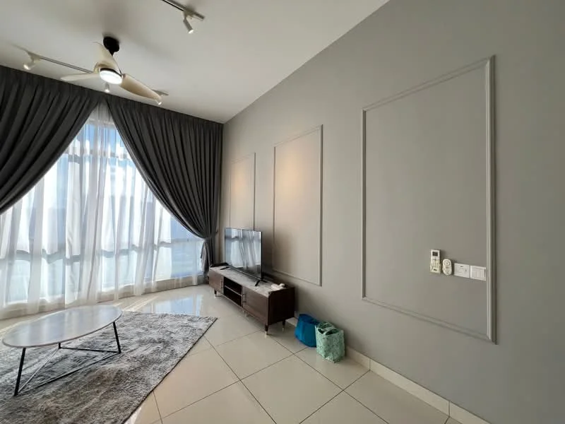 Living features: grey painted walls, white ceiling, 5-blade ceiling fan with light, floor-to-ceiling windows, sheer curtains, TV console, wall-mounted TV, coffee table, area rug with geometric pattern, decorative wall panels, tile flooring; style: modern; view: city.
