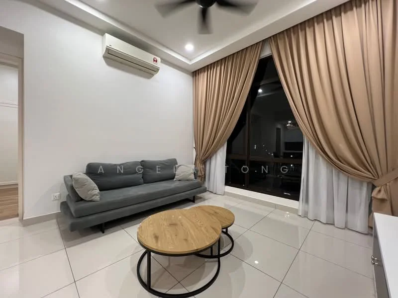 Living features: 3-seater fabric sofa in grey, round wooden coffee table, floor-to-ceiling windows, sheer curtains, blackout curtains, wall-mounted split AC, recessed downlights, white painted walls, tile flooring, decorative wall, ceiling fan; style: modern; view: city.