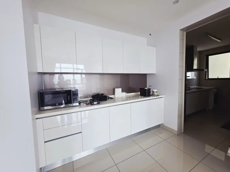 Kitchen features: white cabinetry, stainless-steel countertop, built-in microwave, freestanding gas stove, kitchen sink, tile backsplash, ceramic tile flooring, under-cabinet lighting, wall-mounted cabinets, open shelving, window above sink; style: modern.