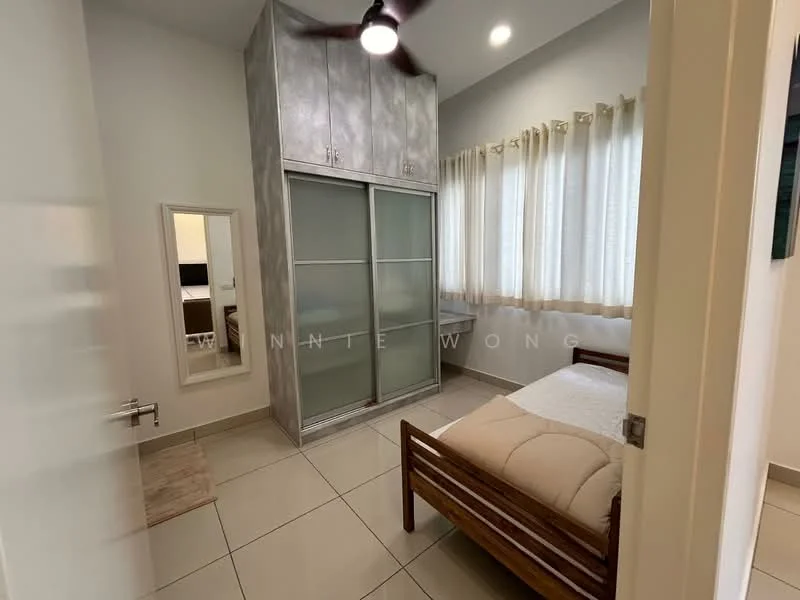 Bedroom features: queen-size bed, wooden bed frame, built-in wardrobe with sliding doors, floor-to-ceiling window, sheer curtains, wall-mounted mirror, ceiling fan, tile flooring, neutral wall color, decorative wall art; style: modern.