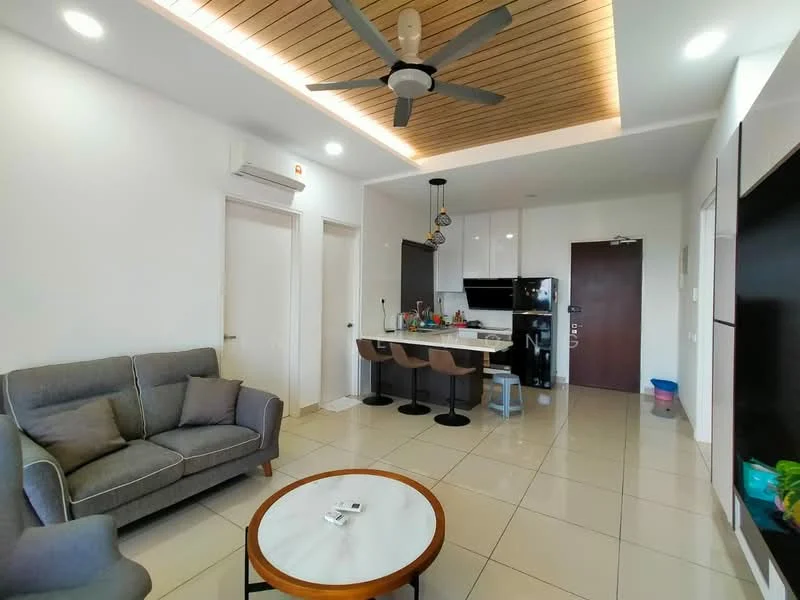 Living features: grey fabric 3-seater sofa, round wooden coffee table, wall-mounted TV, black entertainment unit, recessed LED downlights, ceiling fan with light, white painted walls, cream tiled flooring, wooden ceiling with LED lighting, kitchen island with bar stools, kitchen cabinetry, black refrigerator, built-in oven, microwave; style: modern.