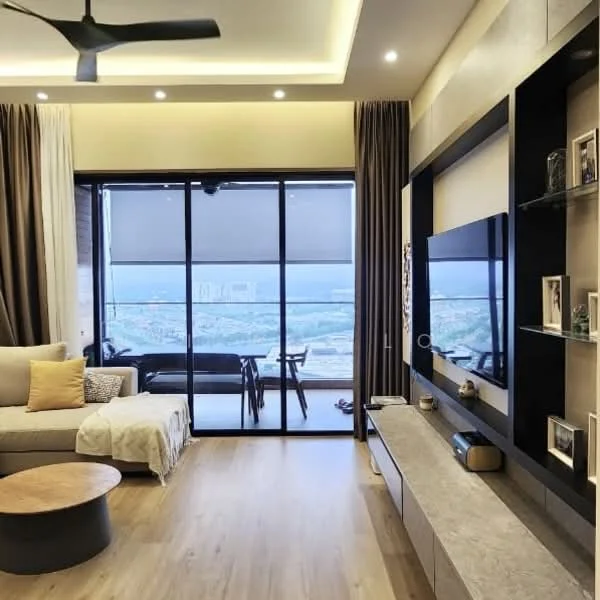 Living features: 3-seater fabric sofa in light grey, round wooden coffee table, wall-mounted TV, TV console with storage, floor-to-ceiling windows, sheer curtains, recessed LED downlights, ceiling fan, wooden flooring, decorative wall shelves, decorative items on shelves, view of city skyline; style: modern; view: city.