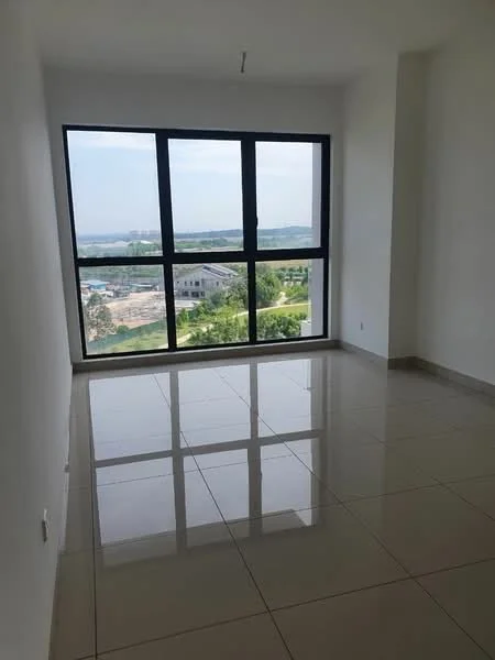 Room features: large floor-to-ceiling windows, white painted walls, glossy ceramic tile flooring, city view, natural light, minimalist design, neutral color palette, open space; style: modern; view: city.