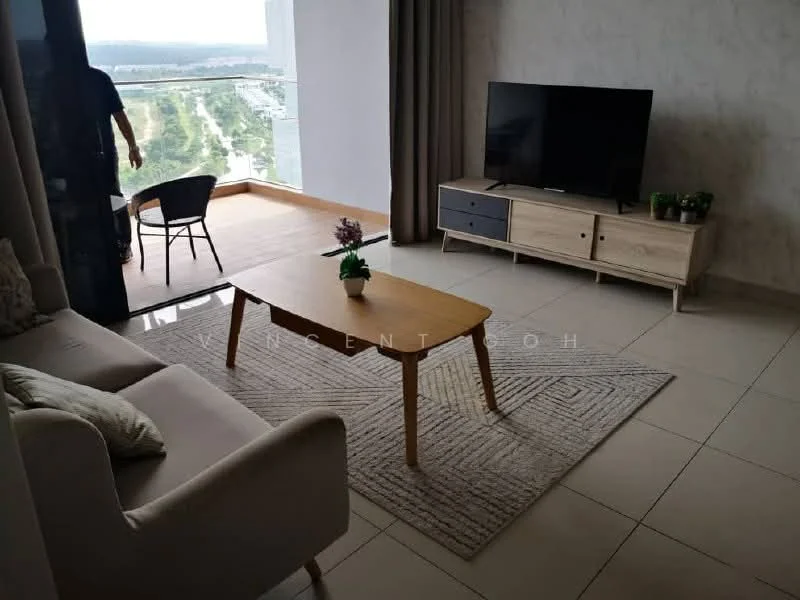 Living features: beige fabric sofa, wooden coffee table, area rug with geometric pattern, TV console with drawers, wall-mounted TV, floor-to-ceiling windows, curtains, plant in ceramic pot, chair on balcony, view of outdoor space; style: modern; view: city.