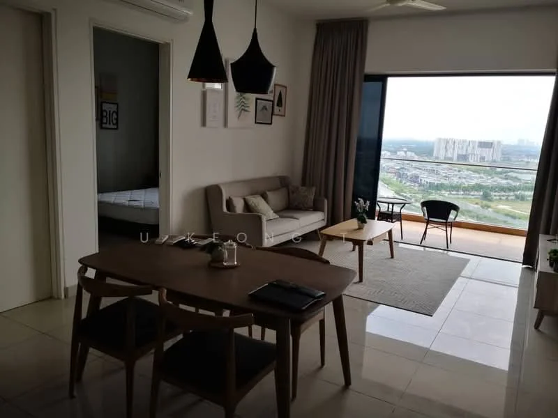 Living features: 3-seater fabric sofa in light grey, 2 pendant lamps, wooden dining table with 4 chairs, area rug, floor-to-ceiling windows, curtains, wall-mounted air conditioning unit, decorative wall art, coffee table, view of city skyline; style: modern; view: city.