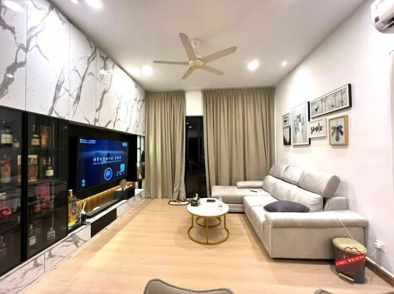 Living features: light grey fabric sectional sofa, white coffee table, TV console with black glass front, wall-mounted flat-screen TV, marble feature wall, light wood flooring, ceiling fan, sheer curtains, decorative wall art, built-in shelving with decorative items; style: modern.