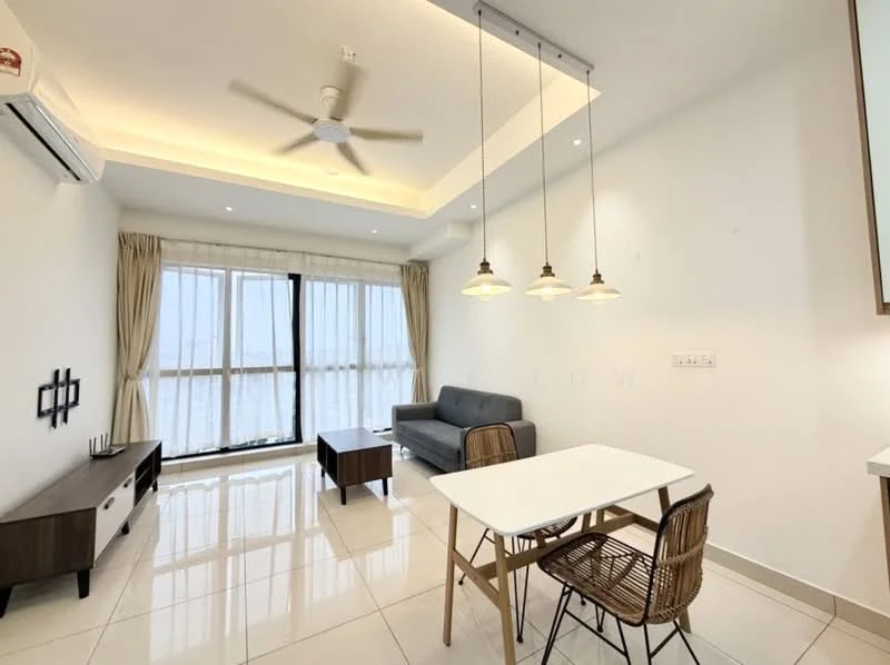 Living features: 5-blade ceiling fan with integrated LED light, sofa in grey, coffee table, TV console, wall-mounted TV, dining table with 2 chairs, white painted walls, recessed lighting, floor-to-ceiling windows with sheer curtains, glossy tile flooring; style: modern; view: city.