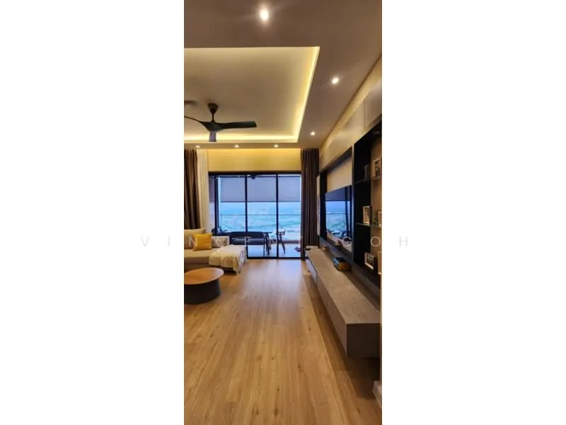 Living features: wooden flooring, 5-blade ceiling fan with light, recessed LED downlights, floor-to-ceiling windows, sliding glass door, grey accent wall, TV console, decorative shelving, sofa, coffee table, area rug, curtains; style: modern; view: sea.