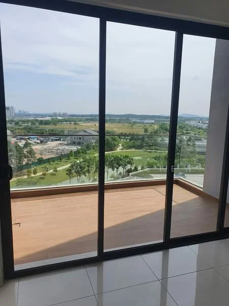 Room features: floor-to-ceiling sliding glass door, wooden flooring, city view, outdoor balcony space, glass railing, natural light from large windows; style: modern; view: city.