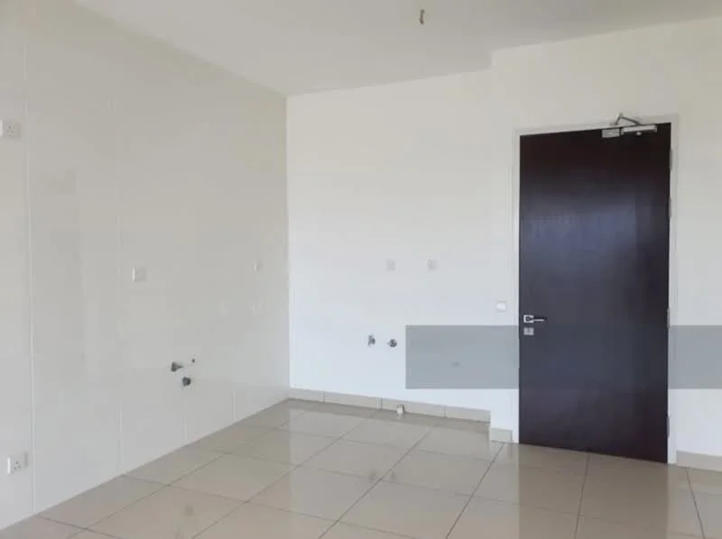 Room features: white painted walls, glossy ceramic tile flooring, single wooden door, electrical outlets, plumbing fixtures visible, no visible lighting fixtures.