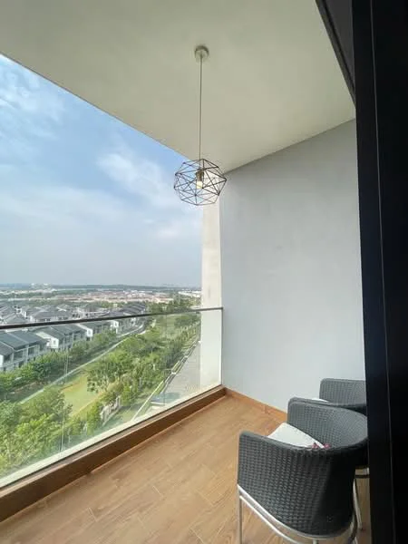 Balcony features: glass railing, hanging pendant light, wooden flooring, two outdoor chairs, city view, grey painted walls; style: modern; view: city.