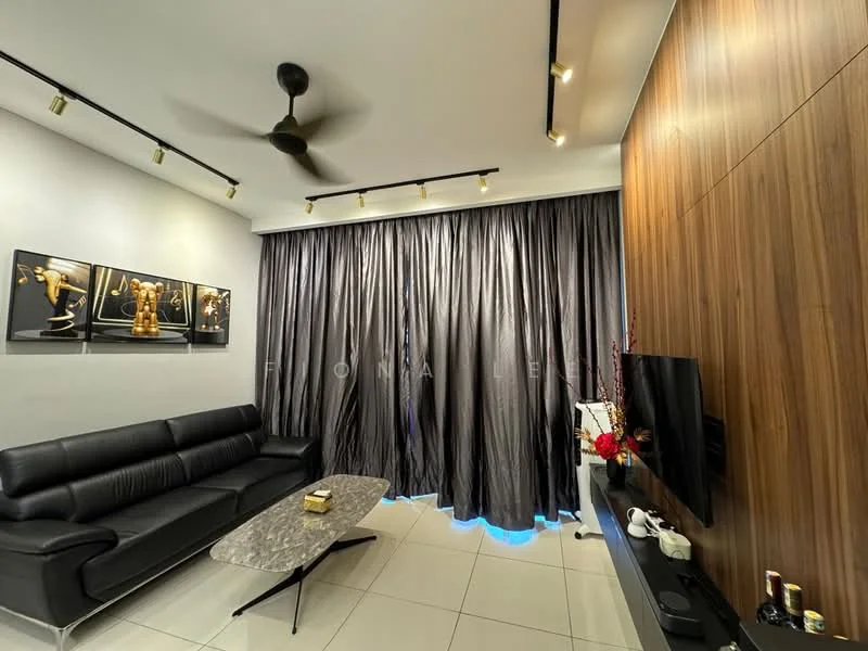 Living features: black leather sofa, marble coffee table, wall-mounted TV, wood panel feature wall, recessed lighting, track lighting, 5-blade ceiling fan, floor-to-ceiling curtains, white tiled flooring; style: modern.
