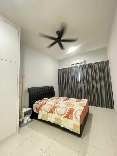 Bedroom features: king-size bed with patterned bedspread, upholstered headboard, 2 bedside tables, 5-blade ceiling fan, wall-mounted air conditioning unit, floor-to-ceiling windows with grey curtains, white painted walls, glossy tile flooring, built-in wardrobe with sliding doors; style: modern.