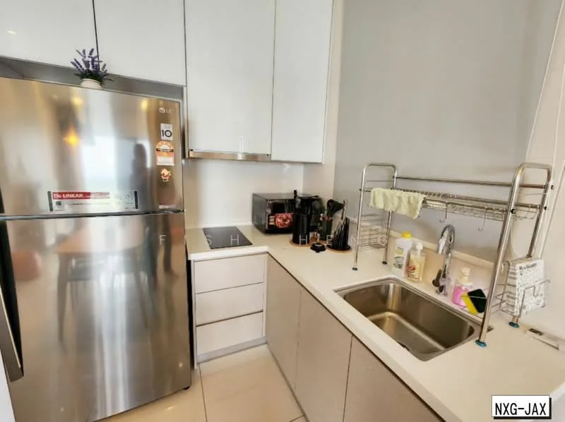 Kitchen features: stainless-steel fridge, built-in oven, induction cooktop, single-bowl stainless-steel sink, chrome pull-down faucet, white cabinetry, light-colored countertop, open shelving, kitchen utensils, dish soap, kitchen towels; style: modern.