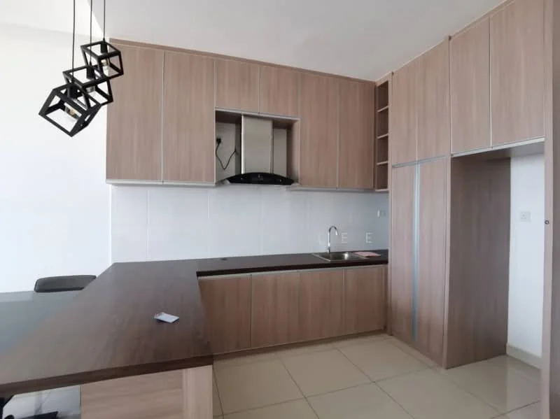 Kitchen features: wood cabinetry, white tiled backsplash, black countertop, single-bowl stainless-steel sink, chrome pull-down faucet, built-in oven, stainless-steel range hood, recessed downlights, pendant light fixture, open shelving, ceramic tile flooring; style: modern.