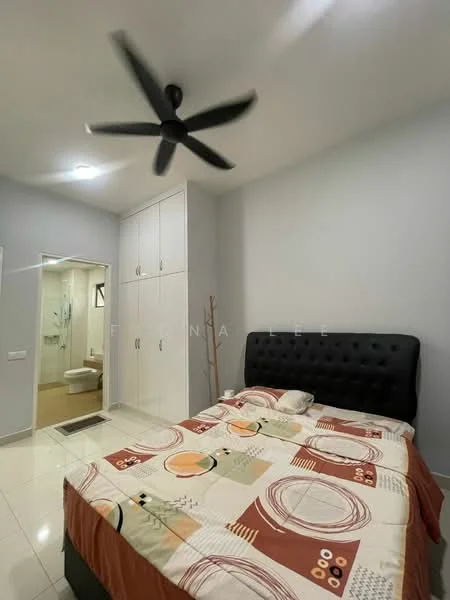 Bedroom features: king-size bed with upholstered headboard, bedding with abstract pattern, 2 bedside pillows, ceiling fan with 3 blades, built-in wardrobe with sliding doors, white painted walls, glossy tile flooring, wall-mounted light fixture, window with natural light, decorative tree branch, doorway leading to bathroom; style: modern.