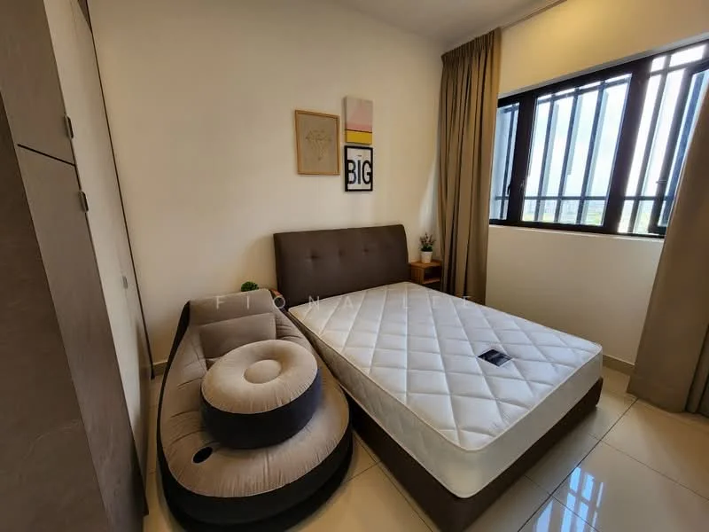 Bedroom features: queen-size bed frame with upholstered headboard, mattress on bed frame, inflatable sofa, cream painted walls, floor-to-ceiling windows, curtains, tile flooring, decorative artwork on wall, wall-mounted artwork, light fixture; style: modern; view: city.