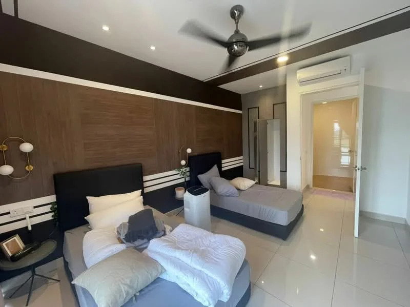 Bedroom features: two single beds with grey bedding, upholstered headboards, ceiling fan, recessed downlights, wood panel accent wall, white painted walls, sliding mirror wardrobe, floor-to-ceiling windows, tile flooring, decorative wall sconce, air conditioning unit; style: modern.