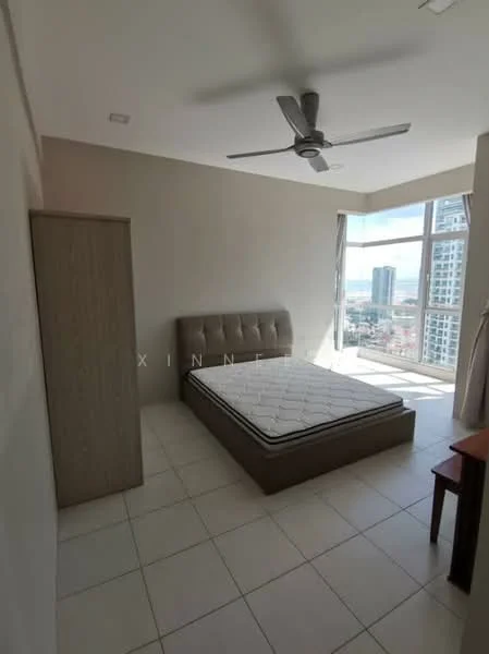 Bedroom features: queen-size bed, upholstered headboard, ceiling fan, floor-to-ceiling windows, curtains, light-colored walls, tile flooring, built-in wardrobe, city view; style: modern; view: city.