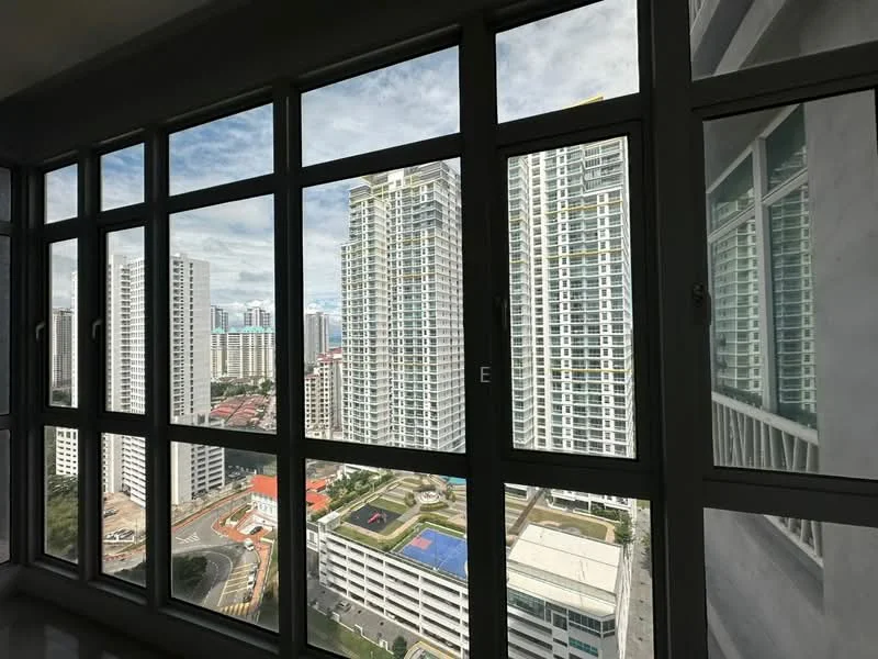 Room features: floor-to-ceiling windows, grey window frames, city skyline view, natural light, concrete walls, smooth ceiling, neutral flooring; style: modern; view: city.