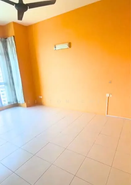 Room features: orange painted walls, white tiled flooring, 1 wall-mounted split AC, floor-to-ceiling windows with sheer curtains, ceiling fan.