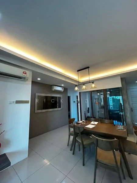 Dining features: dining table with 6 chairs, recessed ceiling with LED strip lighting, wall-mounted air conditioning unit, large glass sliding door, grey accent wall, white tiled flooring, pendant light fixture with three bulbs, decorative wall mirror; style: modern; view: city.