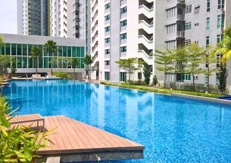 Exterior type: high-rise condominium; features: infinity pool, pool deck with wooden loungers, landscaped garden with palm trees, glass curtain wall on building, manicured lawn, surrounded by greenery; style: modern.