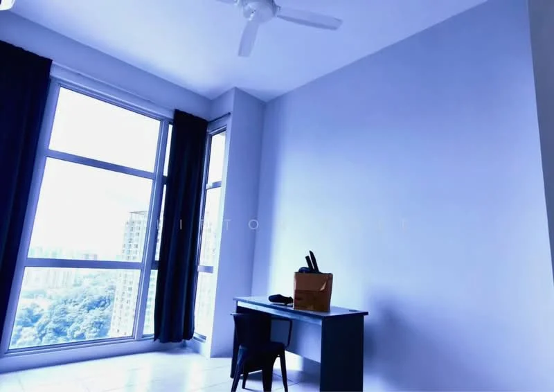 Room features: light blue painted walls, floor-to-ceiling windows, blackout curtains, ceiling fan, tile flooring, desk, black chair, city view; style: modern; view: city.
