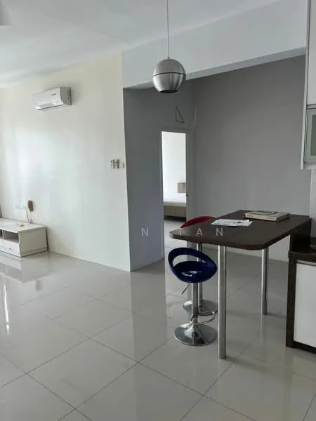 Room features: white painted walls, grey accent wall, glossy tile flooring, 1 wall-mounted split AC, round pendant light, small dining table with two stools, open shelving, built-in cabinetry; style: modern.