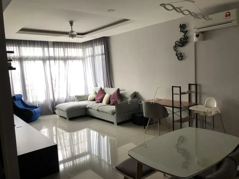 Living features: grey fabric sectional sofa, blue bean bag chair, glass dining table, 4 dining chairs, recessed ceiling with tray design, ceiling fan, wall-mounted air conditioning unit, floor-to-ceiling windows with sheer curtains, polished tile flooring, decorative wall art; style: modern.