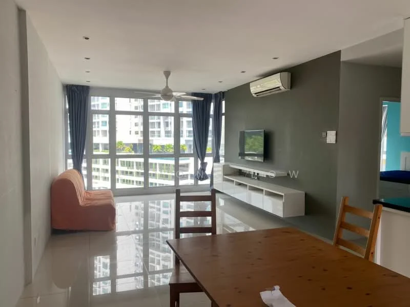 Living features: 3-seater fabric sofa in orange, wall-mounted TV, TV console, dining table with wooden surface, 4 wooden dining chairs, floor-to-ceiling windows, sliding glass door, white painted walls, recessed downlights, ceiling fan, polished tile flooring, air conditioning unit; style: modern; view: city.