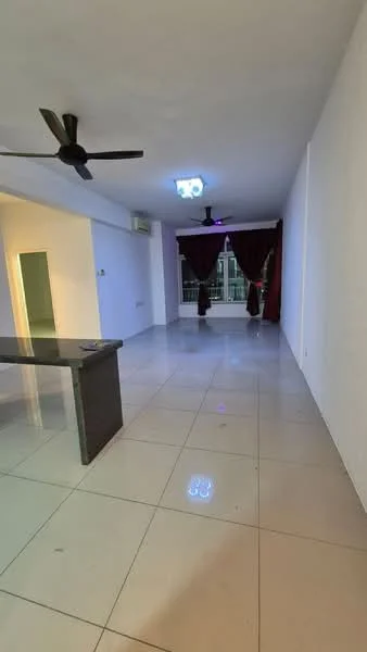 Living features: white painted walls, glossy tile flooring, 2 ceiling fans, floor-to-ceiling windows, red curtains, recessed lighting, open layout, kitchen island with countertop; style: modern.