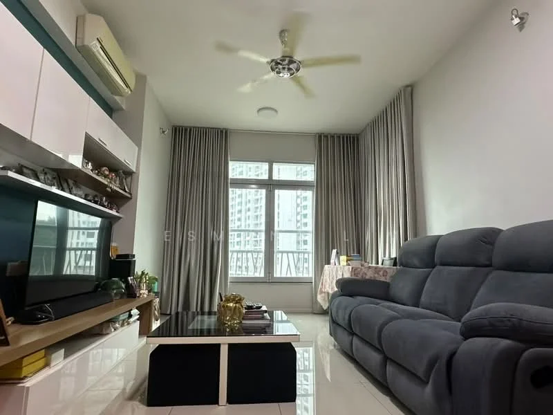Living features: grey fabric sectional sofa, black coffee table, wall-mounted TV, light-colored wall with built-in shelving, white painted walls, large floor-to-ceiling windows, sheer curtains, 5-blade ceiling fan with light, glossy tile flooring; style: modern; view: city.