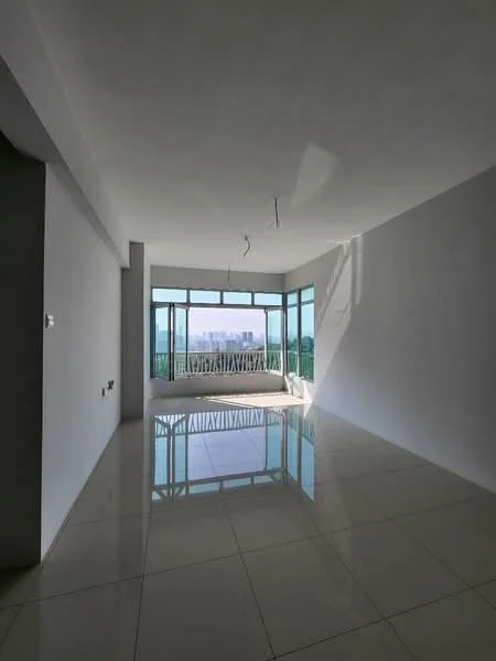 Living features: white painted walls, glossy tile flooring, floor-to-ceiling windows, balcony view, recessed downlights, minimalist design, open layout, natural light; style: modern; view: city.