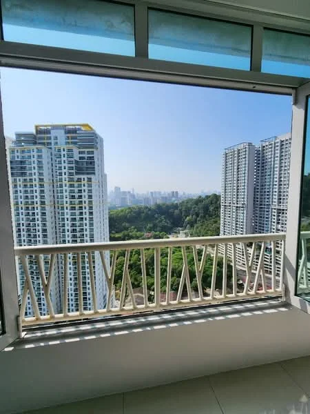 Room features: floor-to-ceiling windows, balcony with railing, white walls, glossy tile flooring, city skyline view, greenery view; style: modern; view: city.