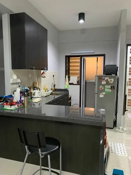 Kitchen features: black granite countertop, dark wood cabinetry, stainless-steel fridge, built-in sink, chrome pull-down faucet, ceramic tile flooring, recessed downlights, kitchen island with seating, wall-mounted cabinets, open shelving, microwave, kettle, various kitchen utensils and appliances; style: modern.