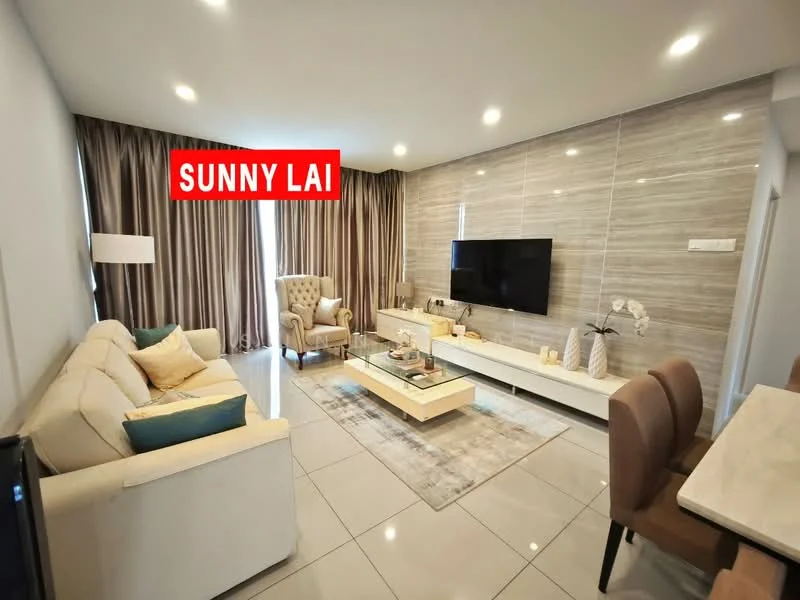 Living features: white leather sofa, beige armchair, glass coffee table, TV console with wall-mounted TV, decorative vases, area rug with geometric pattern, recessed LED downlights, floor-to-ceiling windows with sheer curtains, grey accent wall with tile cladding, cream painted walls, dining table with upholstered chairs; style: modern.