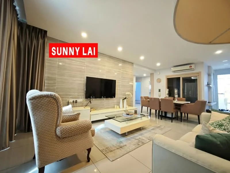 Living features: grey accent wall, wall-mounted TV, white coffee table, beige upholstered armchair, cream fabric sofa, dining table with 6 chairs, recessed downlights, large windows with sheer curtains, air conditioning unit, decorative plants, tile flooring; style: modern.