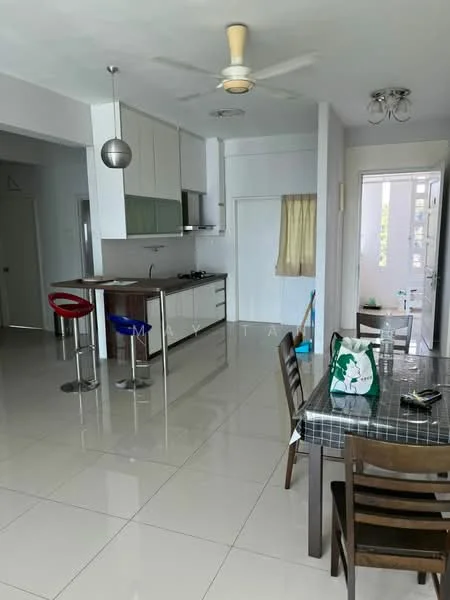 Kitchen features: white cabinets, stainless-steel sink, chrome pull-down faucet, granite countertop, built-in oven, 4-burner gas hob, exhaust hood, bar stools, pendant light, recessed downlights, ceramic tile flooring, open layout, wall-mounted split AC; style: modern. Dining features: 4-seater dining table, wooden dining chairs, checkered tablecloth; style: modern.