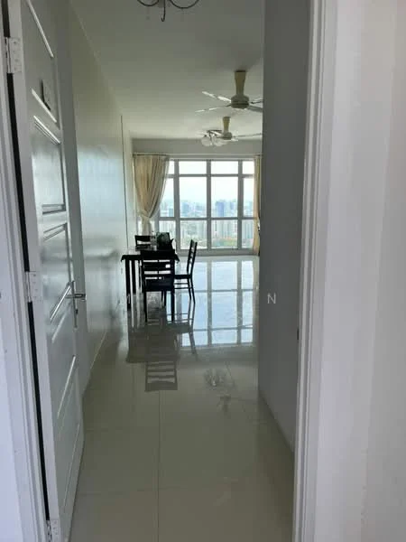 Dining features: dining table for 4, black dining chairs, large floor-to-ceiling windows, white walls, polished tile flooring, ceiling fan with light, curtains, city view; style: modern; view: city. Room features: white walls, polished tile flooring, doorway, light fixture.