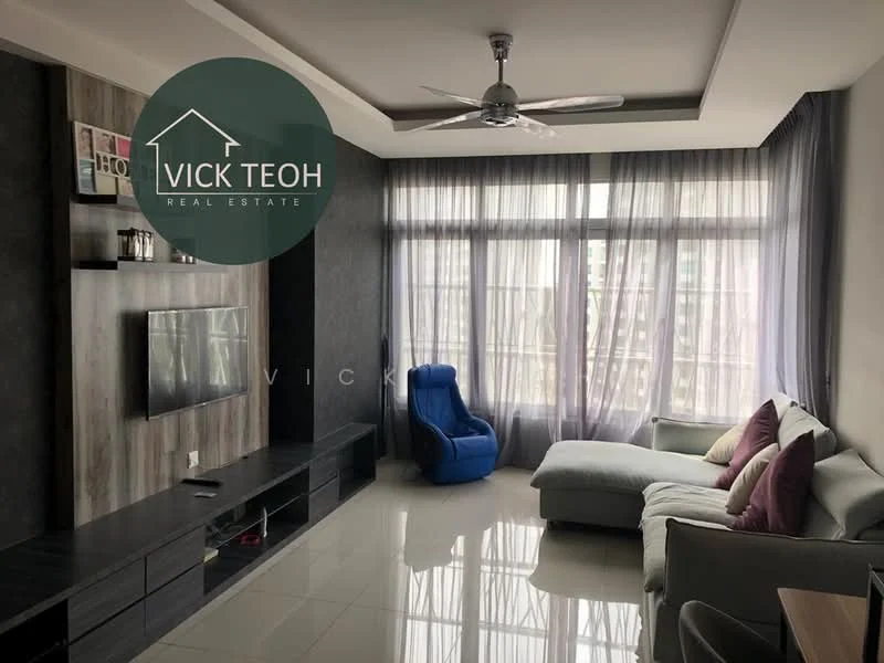 Living features: grey accent wall, white painted walls, polished ceramic tile flooring, 5-blade ceiling fan with light, wall-mounted TV, TV console, L-shape sectional sofa in light grey, two purple accent pillows, blue armchair, large floor-to-ceiling windows with sheer curtains, decorative shelving unit; style: modern; view: city.