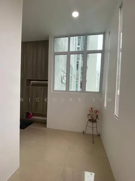 Room features: white painted walls, light-colored tiled flooring, floor-to-ceiling windows, natural light from windows, wood paneling on one wall, small decorative plant on stand, corner space for storage or seating, minimalist design; style: modern; view: city.